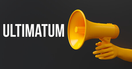 Ultimatum text message.yellow hand holding yellow megaphone. Black background