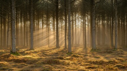Fototapeta premium Sunbeams pierce tall trees in serene forest setting, illuminating the ground
