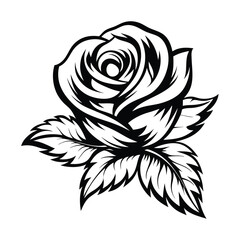 Outlined Rose Blossom Detailed Black Silhouette of Blooming Flower and Leaves Design