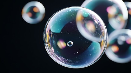 Floating translucent soap bubbles with smooth surfaces and colorful reflections, high clarity, hyper-realistic, isolated on solid black background.