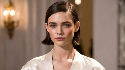 A female model with a sleek straight bob haircut styled with a precise side part, her hair smooth and neatly tucked behind both ears