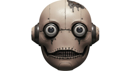 Isolated Robot Skull Damaged with Cables