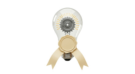 Isolated Light Bulb with Gear Inside and Seal of Approval for Innovative Solutions