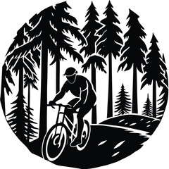 Mountain Biker Silhouette, Forest Trees, Circle, Cycling, Path, Outdoors, Black & White