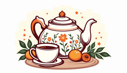 Classic teapot illustration with floral design on cottage table, elegance