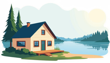 Charming lakeside cottage with geometric trees by calm water, serenity