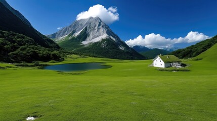 Fototapeta premium Picturesque mountain meadow with a serene lake and a quaint house nestled in the valley. Lush green grass, a tranquil alpine lake, and a snow-capped mountain peak dominate the landscape