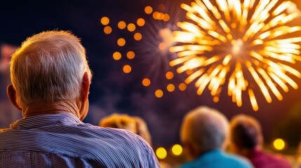Elderly man views fireworks lighting up the night sky, with a crowd enjoying the show.