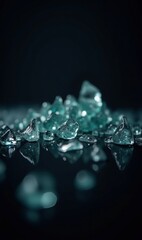Crystal pieces on dark surface, reflective edges, abstract texture, dramatic contrast