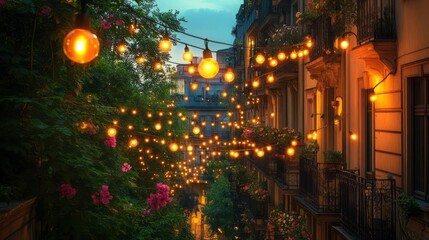 Charming European street at twilight, adorned with warm string lights and flowers