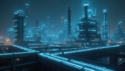 Obraz premium Futuristic industrial factory, night cityscape with digital overlay. Neon blue glowing lights on steel pipes, constructions, towers. Abstract digital art of modern energy tech infrastructure,