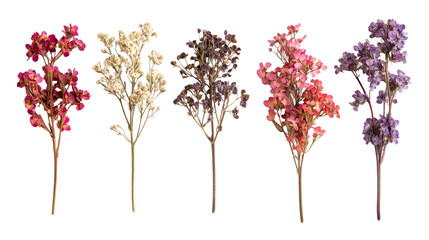 Fototapeta premium Set of colorful dried decorative flowers isolated on black, cut out transparent