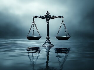 An ornate scale of justice resting in reflective water
