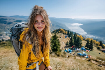 Naklejka premium Young woman hiking in mountains at sunrise in summer smiling and enjoying the view, wide angle