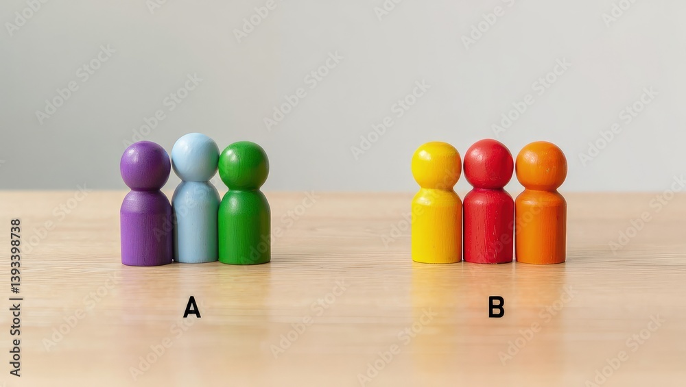 Poster Two groups of people A and B. Social experiments. Control group. Surveys and statistics collection. Division into two types. Study of society and social technologies.