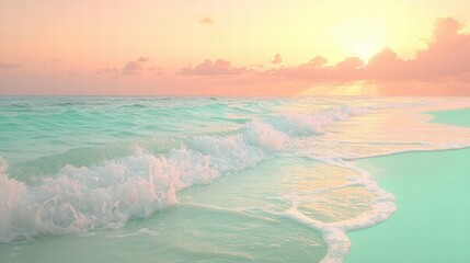 Scenic beach view with waves crashing against the shoreline under a bright sunny sky