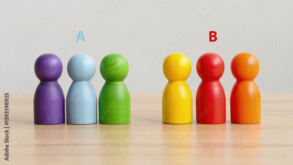 Poster Two groups of people A and B. Social experiments. Control group. Surveys and statistics collection. Division into two types. Study of society and social technologies.