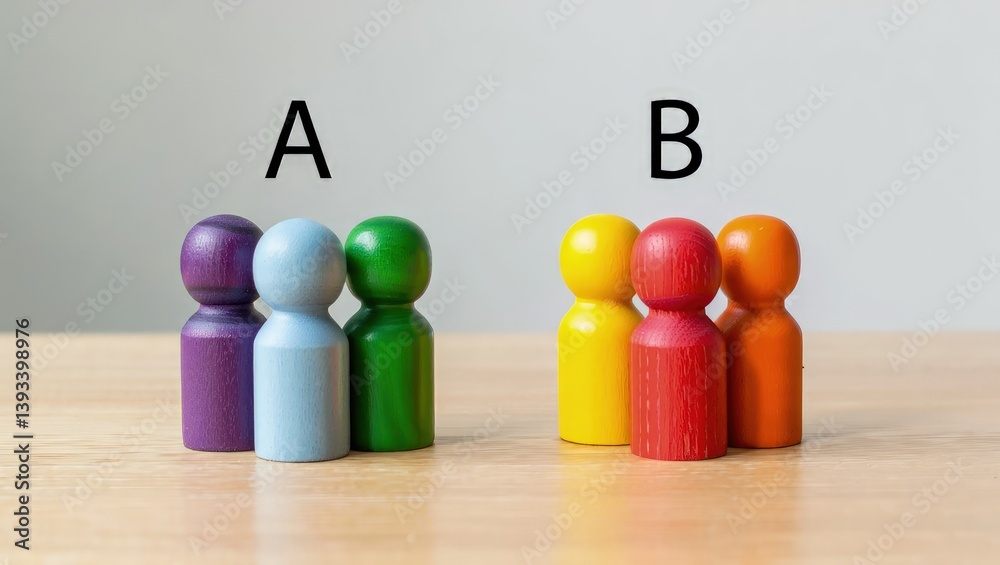 Poster Two groups of people A and B. Social experiments. Control group. Surveys and statistics collection. Division into two types. Study of society and social technologies.