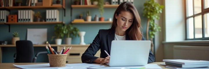 young woman working on laptop