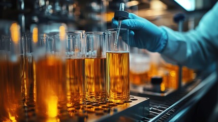 Gloved hand adding liquid to test tubes amber liquid scientific research