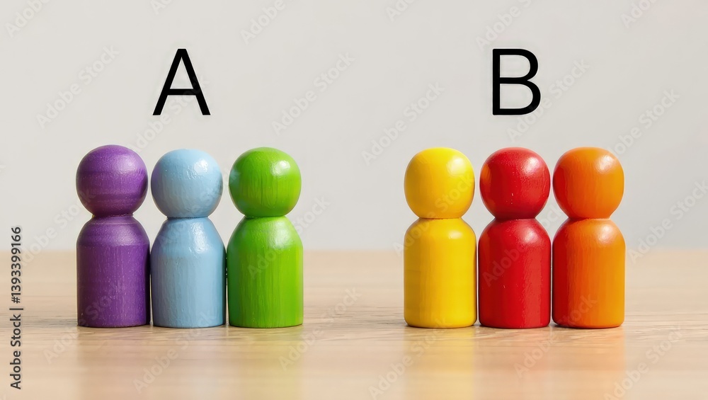 Leinwandbilder Two groups of people A and B. Social experiments. Control group. Surveys and statistics collection. Division into two types. Study of society and social technologies.