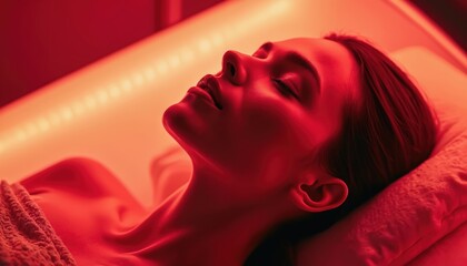 Woman receives red light therapy for skincare wellness. Female client relaxes under therapeutic light in beauty salon spa. Rejuvenation healing facial treatment for skin, health.