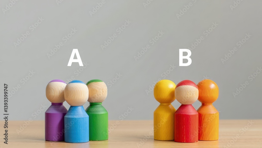Poster Two groups of people A and B. Social experiments. Control group. Surveys and statistics collection. Division into two types. Study of society and social technologies.