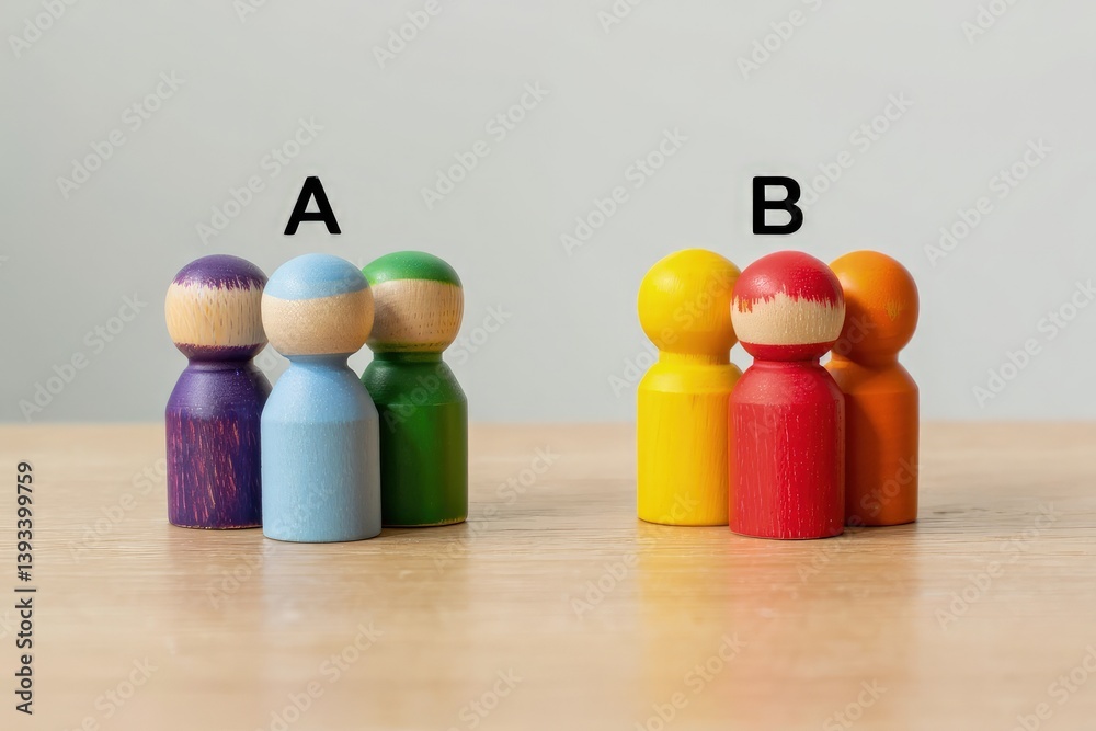 Poster Two groups of people A and B. Social experiments. Control group. Surveys and statistics collection. Division into two types. Study of society and social technologies.