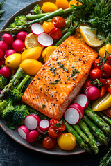 Gourmet Salmon Spectacle: A Colorful Culinary Creation with Fresh Vegetables and Zesty Sauce