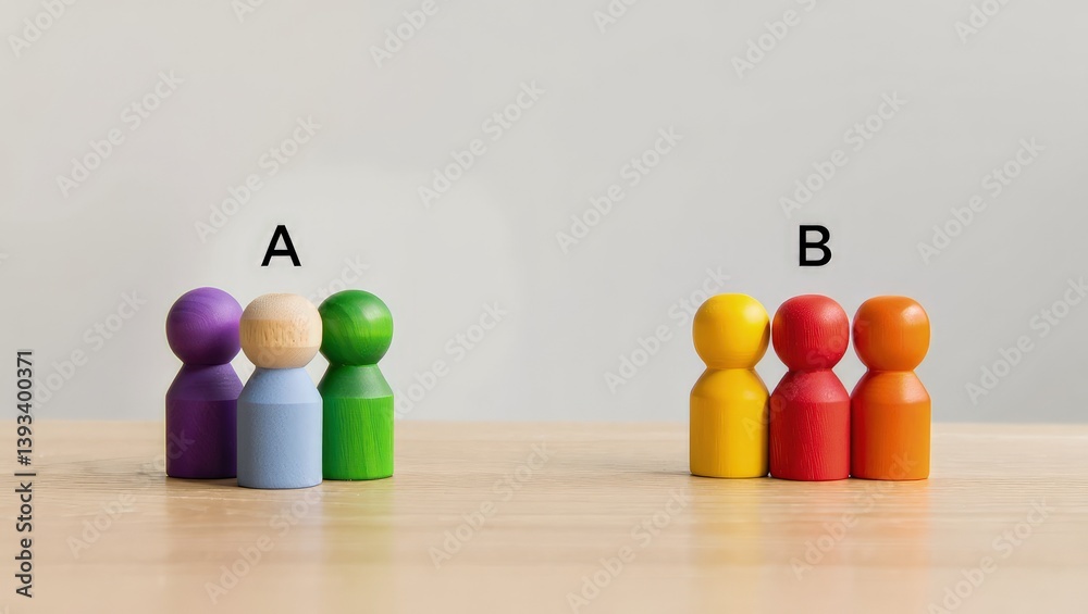 Poster Two groups of people A and B. Social experiments. Control group. Surveys and statistics collection. Division into two types. Study of society and social technologies.