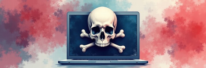 Laptop screen displays large red skull and crossbones symbol surrounded by glitching red-blue digital interface, suggesting malware infection or cyber threat; placed on dark surface in shadowy room 