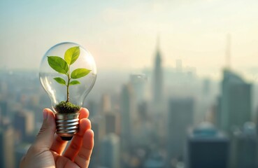 Hand holds light bulb with growing plant inside. Ecology energy concept, green tech, sustainable planet. New growth, nature, environmental care. Green energy, save earth.