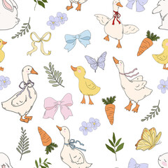 Seamless pattern with hand draw cute easter bunny and goose, animals portrait, isolated on white background