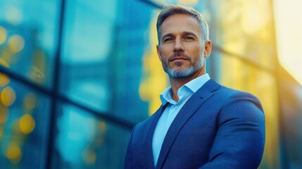 Fototapeta premium A distinguished businessman in a sharp blue suit poses with a determined look against a building.