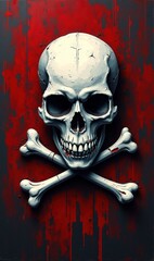 Grungy skull and crossbones symbol set against red and black distressed background with vertical streaks and textured decay; evokes danger, digital threat, cybercrime, or forbidden access