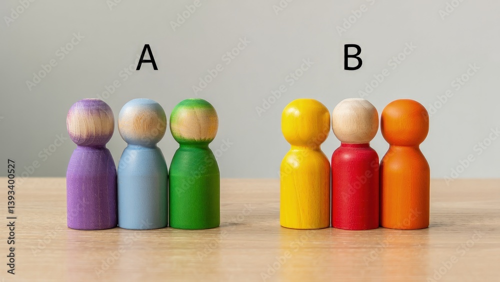 Poster Two groups of people A and B. Social experiments. Control group. Surveys and statistics collection. Division into two types. Study of society and social technologies.