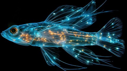 Fototapeta premium Translucent fish floats, illuminated with golden dots against a black background