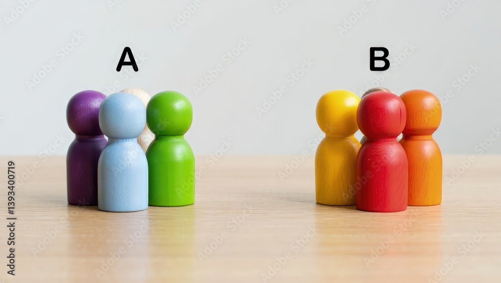 Poster Two groups of people A and B. Social experiments. Control group. Surveys and statistics collection. Division into two types. Study of society and social technologies.