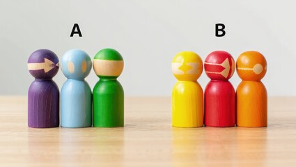 Two groups of people A and B. Social experiments. Control group. Surveys and statistics collection. Division into two types. Study of society and social technologies.