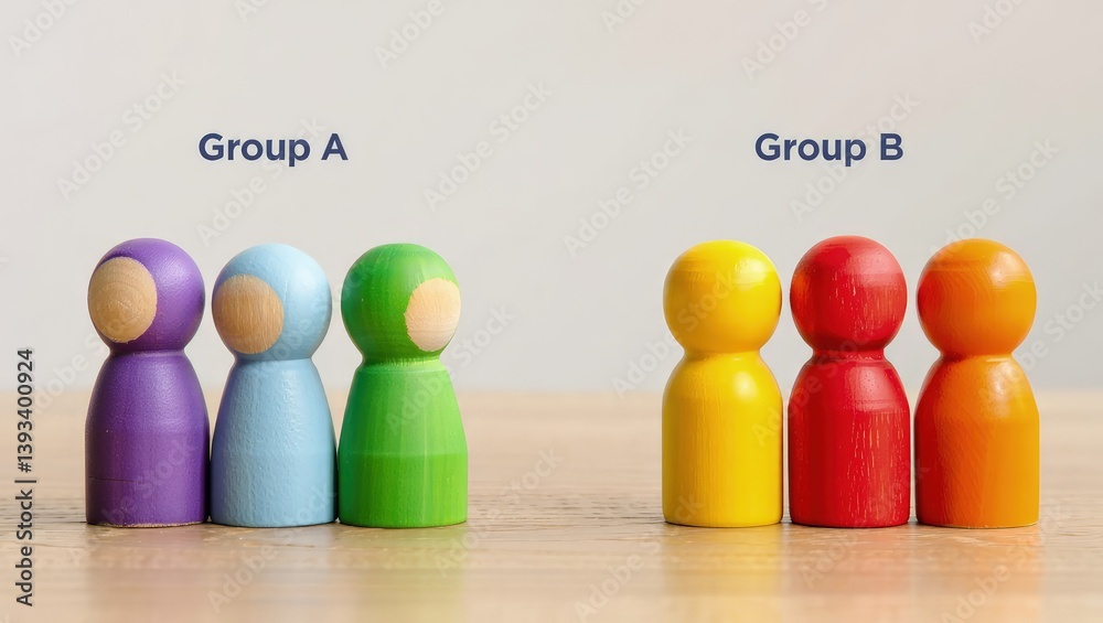 Poster Two groups of people A and B. Social experiments. Control group. Surveys and statistics collection. Division into two types. Study of society and social technologies.