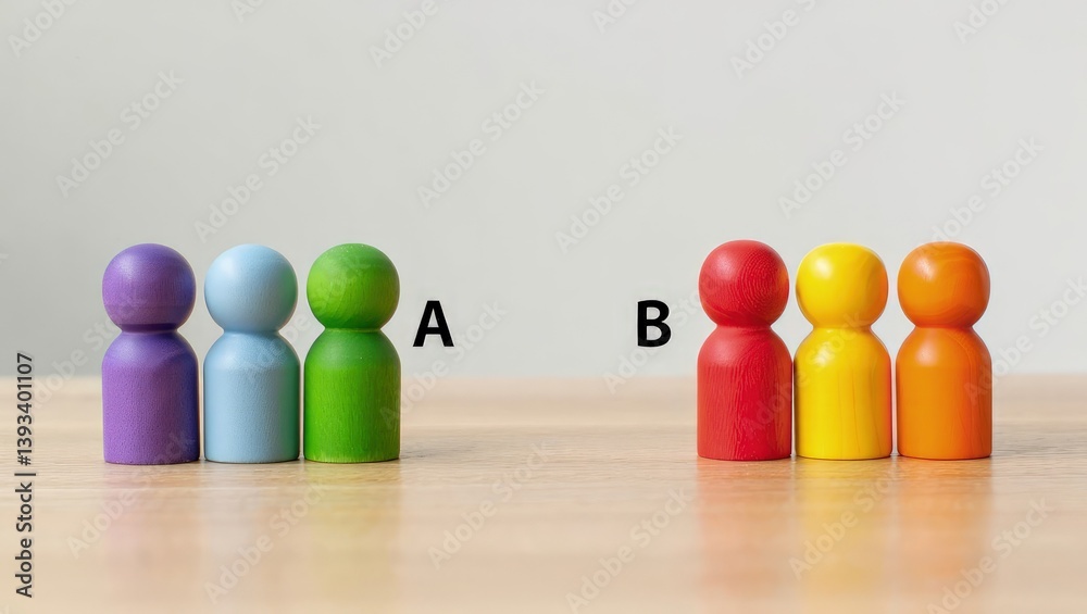 Poster Two groups of people A and B. Social experiments. Control group. Surveys and statistics collection. Division into two types. Study of society and social technologies.