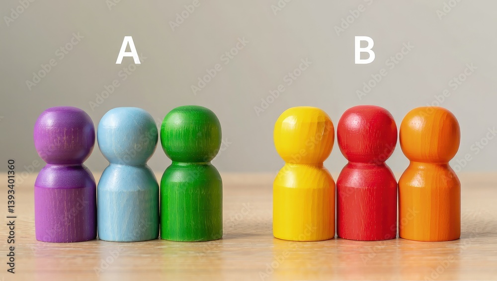 Poster Two groups of people A and B. Social experiments. Control group. Surveys and statistics collection. Division into two types. Study of society and social technologies.