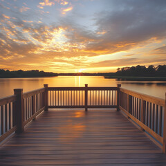 Obraz premium Sunlit Deck Overlooking Tranquil Waters at Sunset