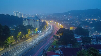 Fototapeta premium Busy highway at twilight, city lights