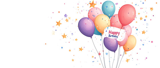 Vector illustration of colorful text "Happy Birthday" with balloons and stars on a white background, a birthday greeting card design. Isolated vector graphics illustrations.