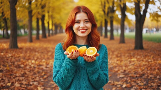 A woman holds two oranges in front of her face