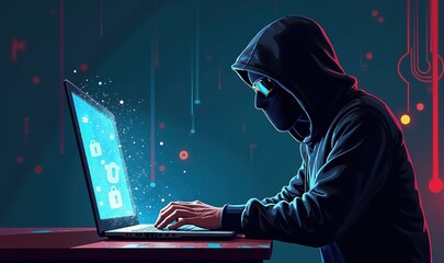 Person in dark hoodie with glowing orange screen displaying padlock symbol, sitting at desk in front of laptop; background filled with abstract red and blue digital lines and dots, creating atmosphere