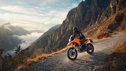 A man rides a motorcycle down a dirt road, with trees and bushes lining the route