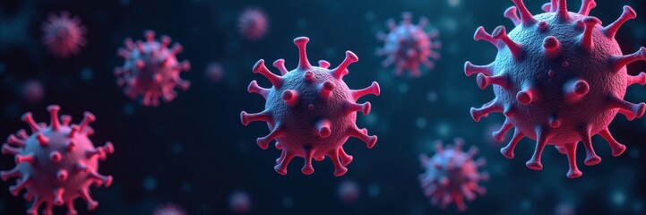 Magnified virus particle with red spike proteins against dark background, concept of global health and virology