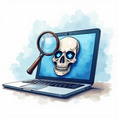 "Magnified skull with glowing blue eyes on laptop screen, floating above cloud icons and light blue background, concept of digital danger and cloud security threat